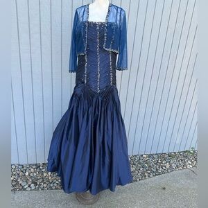 Rina di Montella Stunning Navy Blue Taffeta Ball Gown with Sheer Jacket